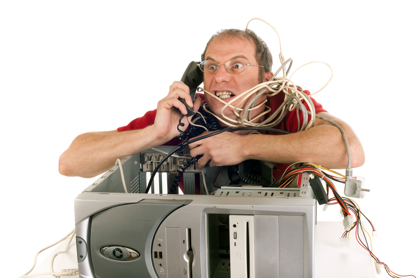 very upset man lost in cables trying to call hotline support